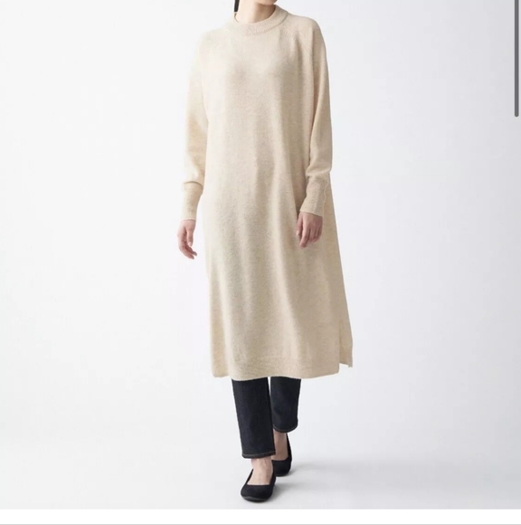 Muji Sweater Dress Womens XS Ivory Wool Midi Long Sleeve Minimalist Quiet Luxury - Picture 1 of 12